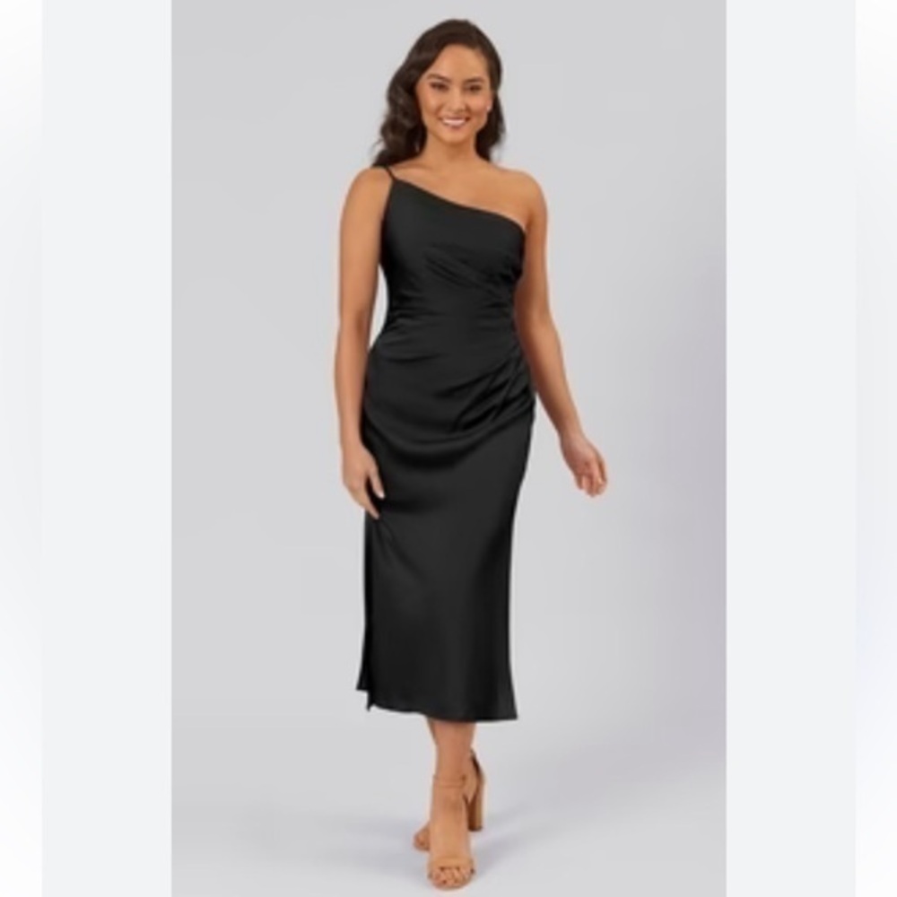 Kennedy blue Lexi midi, black satin one shoulder dress size 4 style #28432.